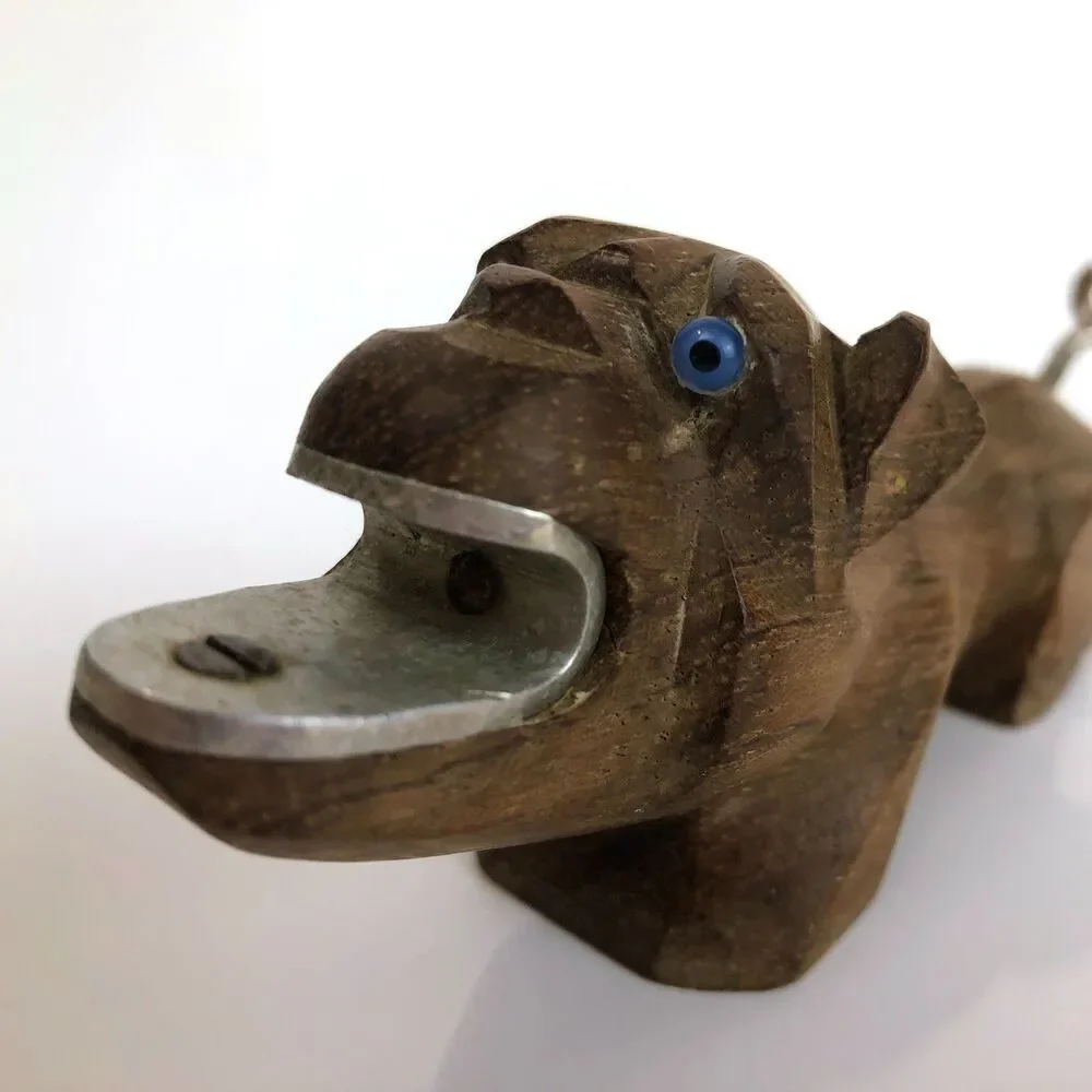 VTG Bulldog Bottle Opener  Corkscrew Hand Carved Wood France Blue Glass Eyes